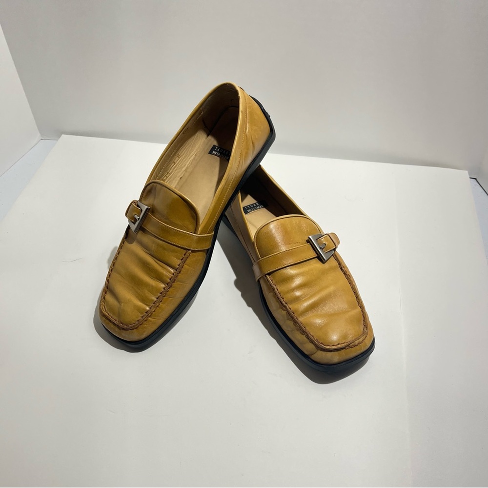 Stuart Weitzman Leather Camel Tone Flats / Loafers with Silver Buckle